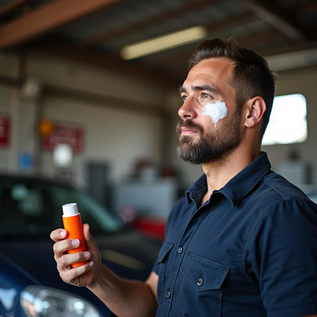 Mechanic Applying Sunscreen