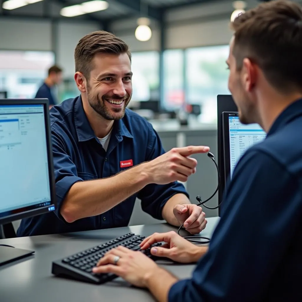 Knowledgeable mechanic assisting a customer at the counter of a car parts store