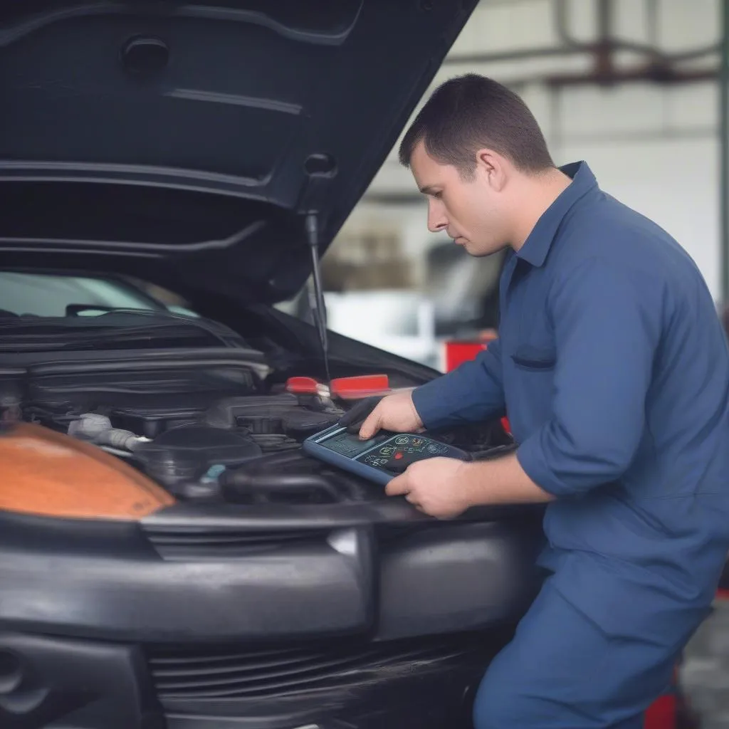 Mechanic using a car diagnostic tool