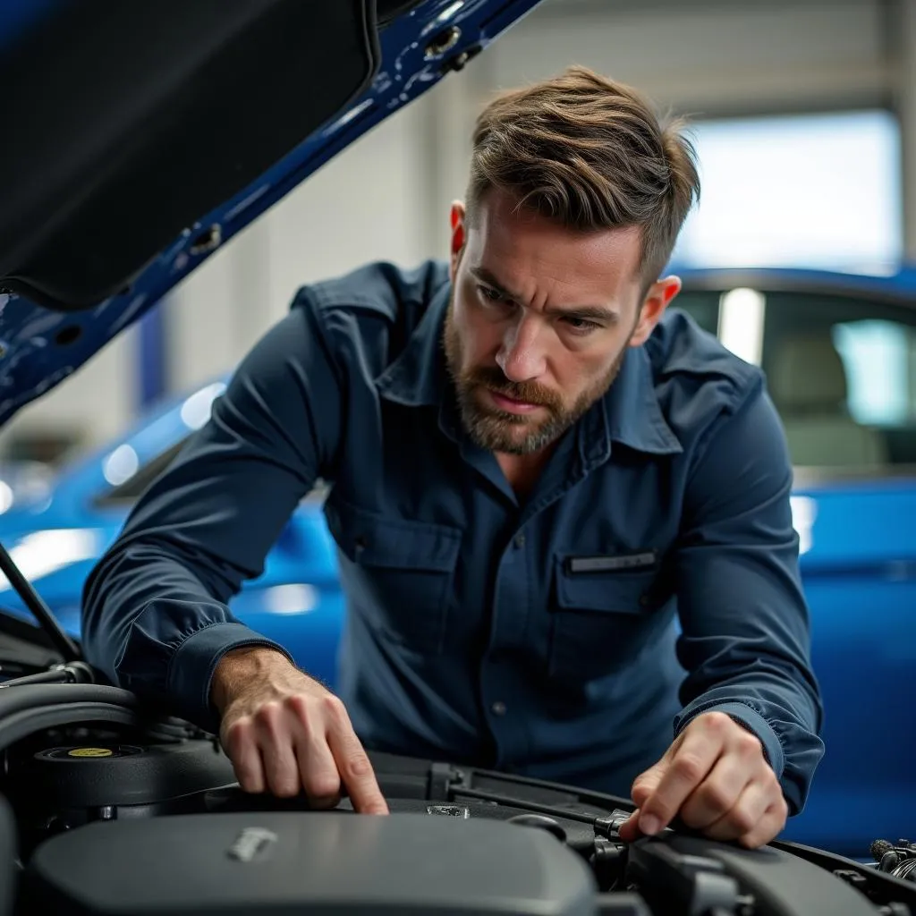 Mechanic inspecting a BMW engine bay