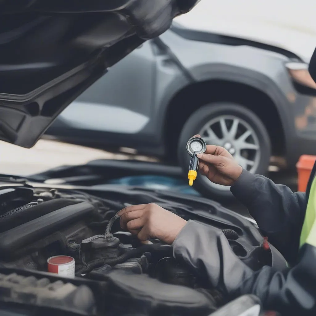 mechanic checking brake fluid