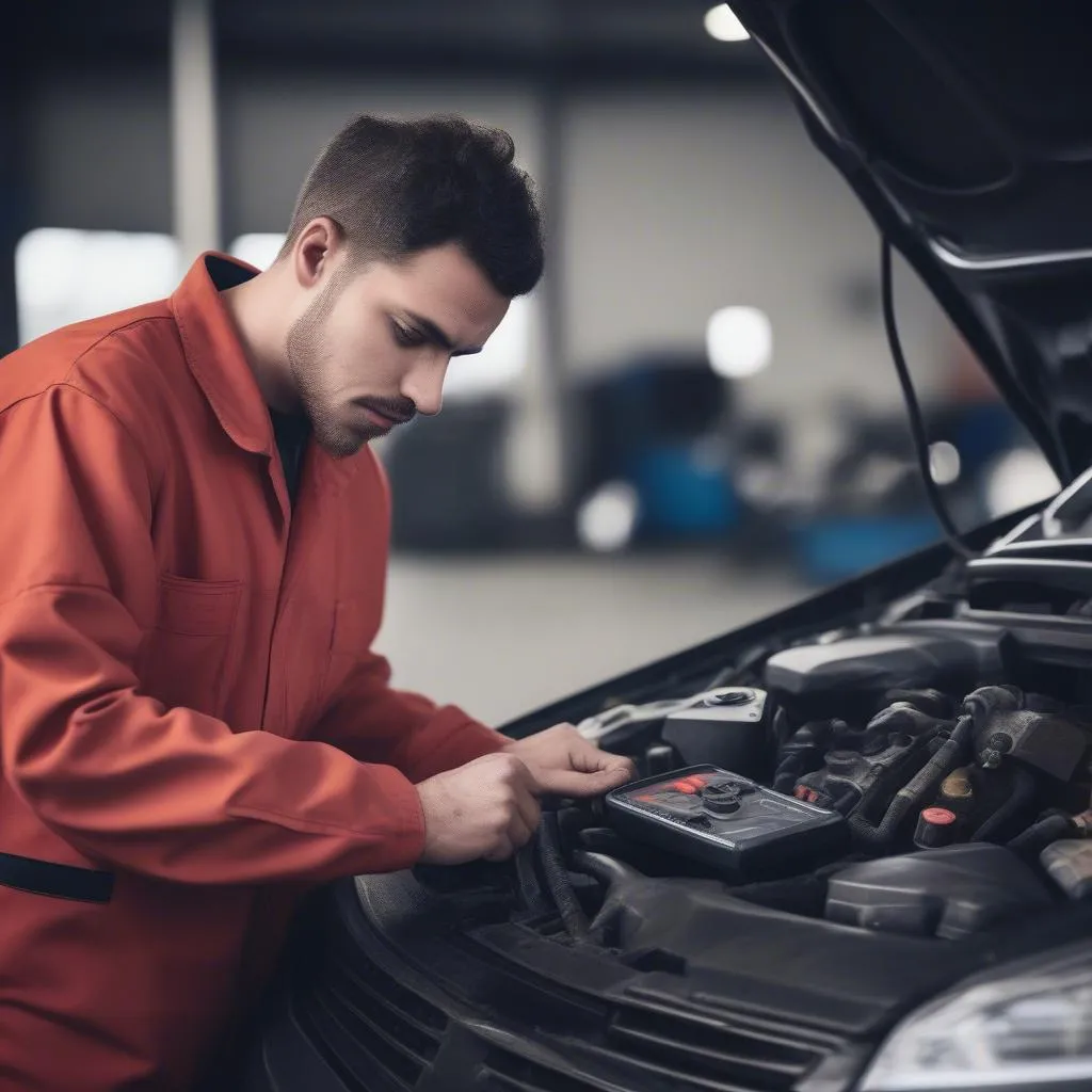 Mechanic checking car