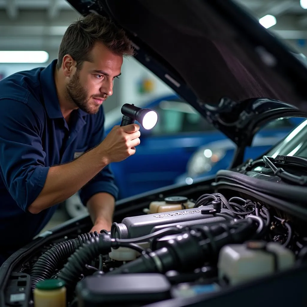 Mechanic inspecting a car's cooling system for potential issues