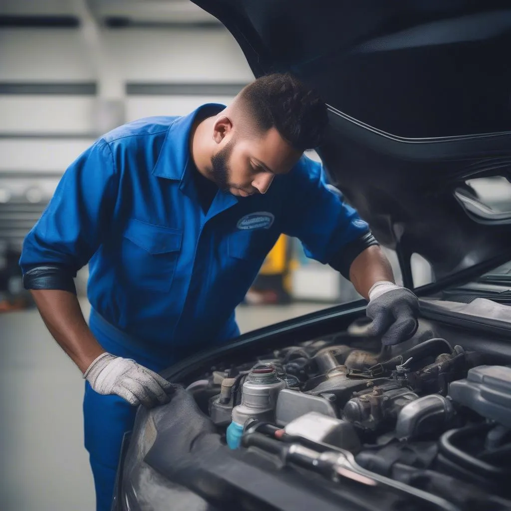 Mechanic Inspecting a Car Engine