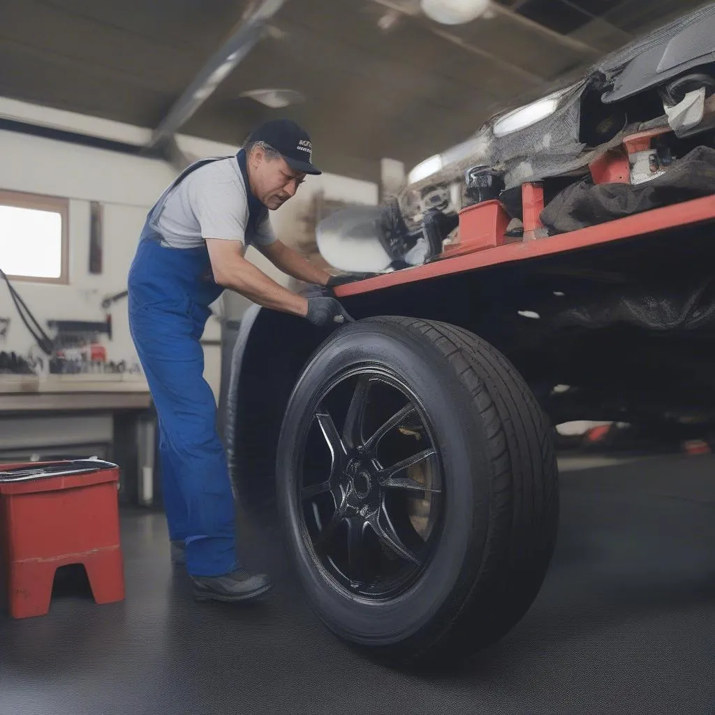 Mechanic checking tires