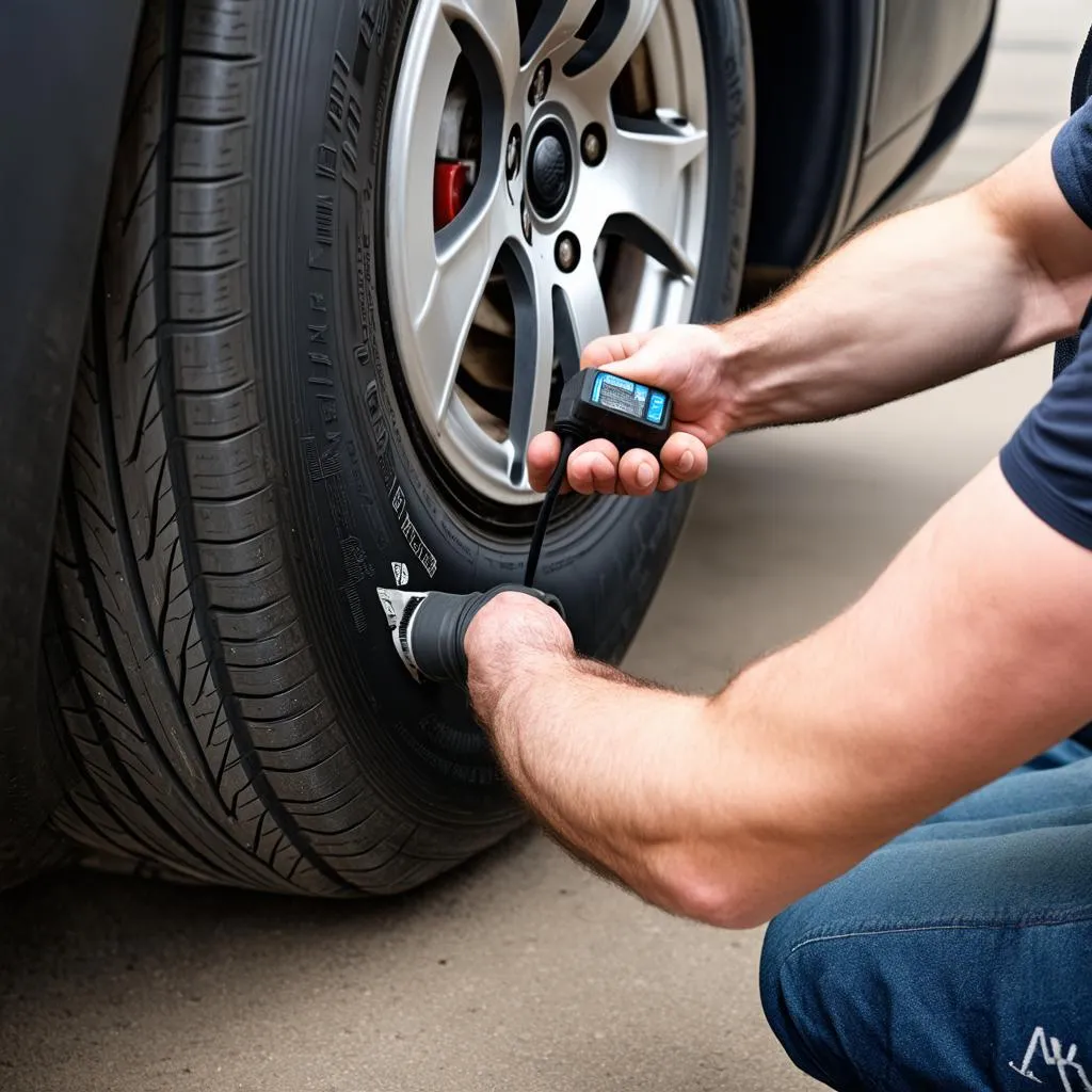 Mechanic checking TPMS sensor