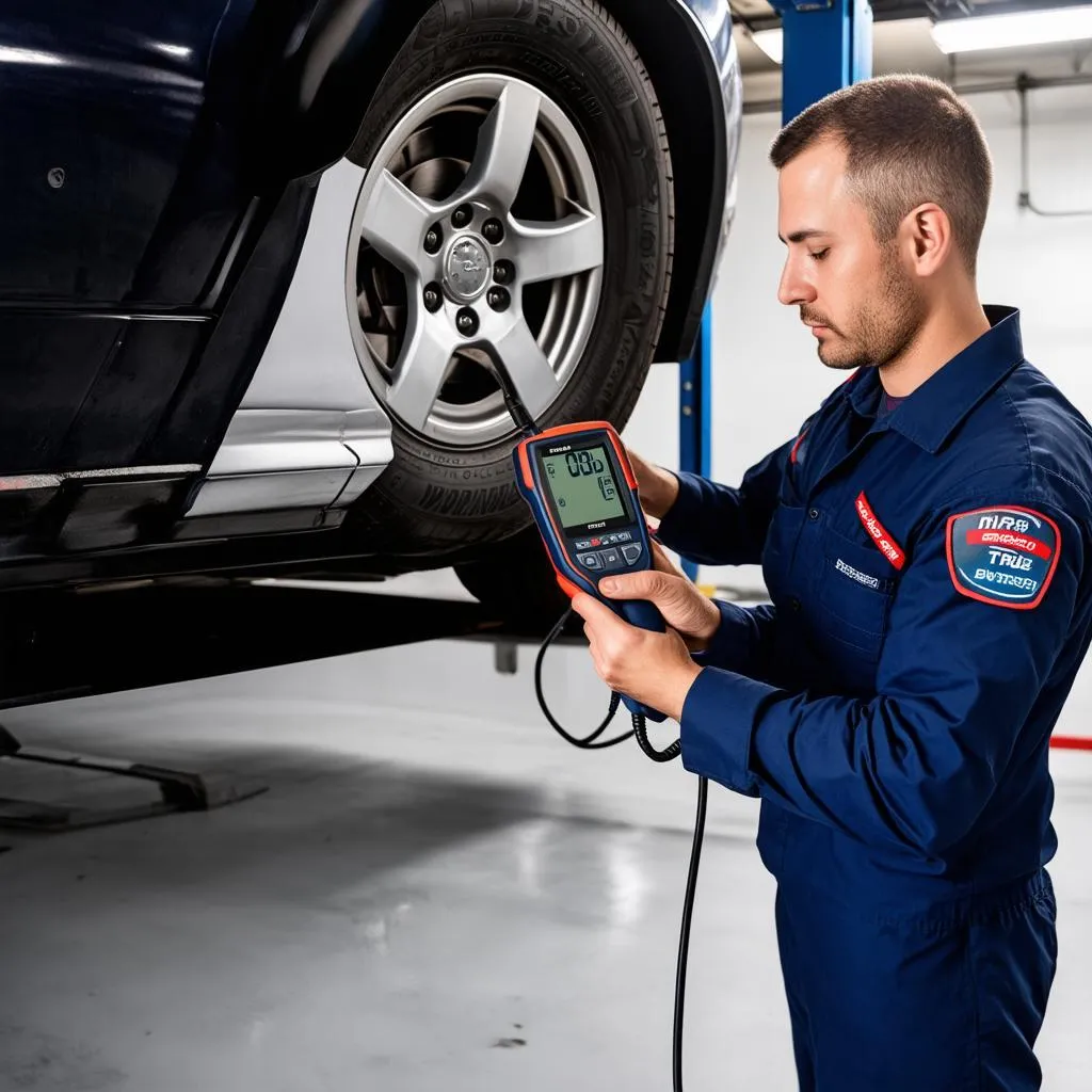 Mechanic checking TPMS with scanner