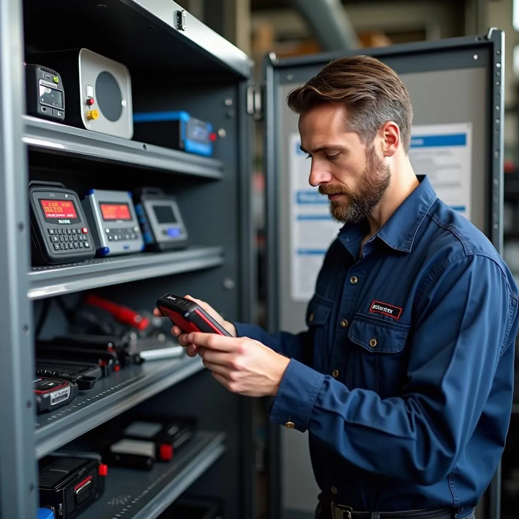 Mechanic selecting an onion scanning tool in a repair shop