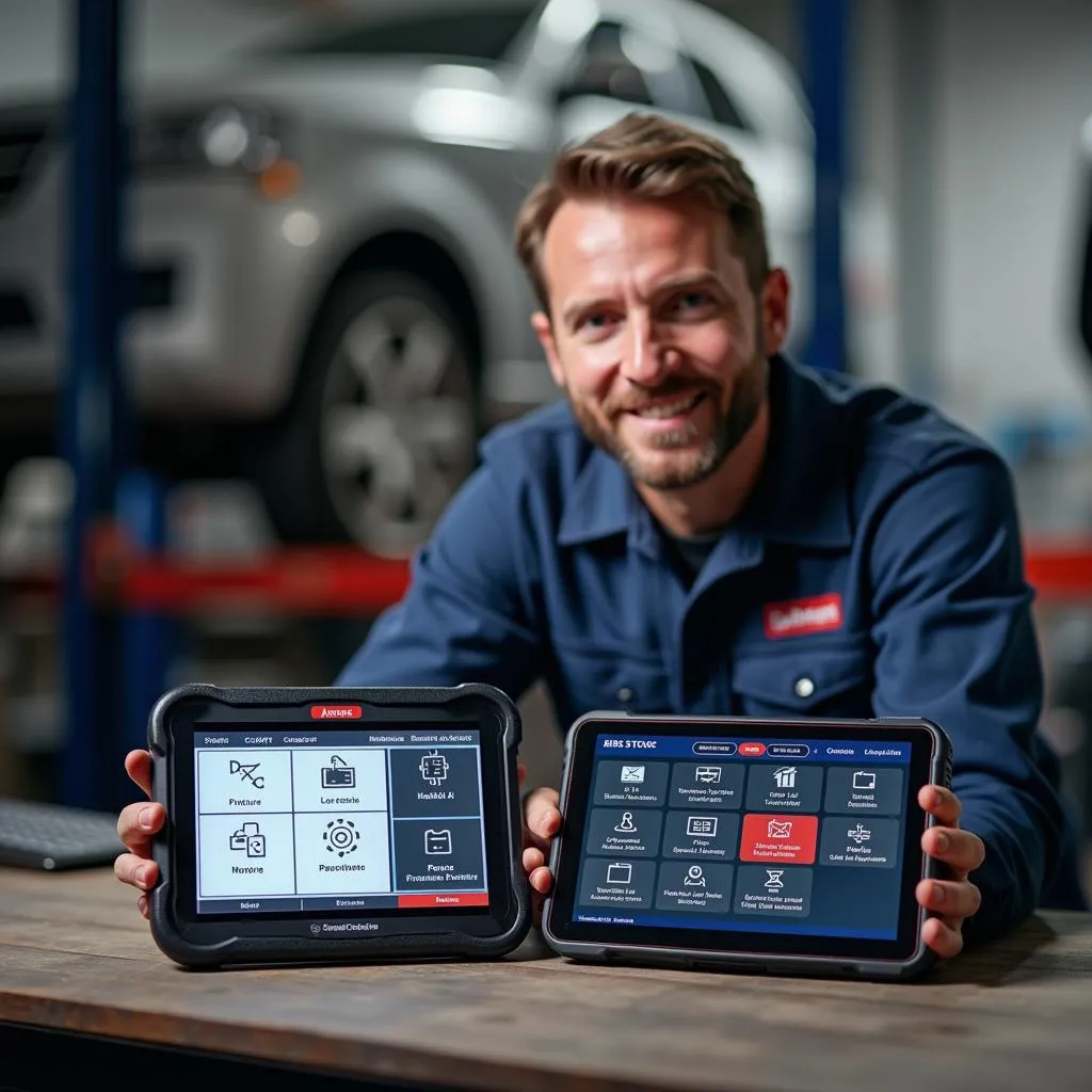 Mechanic comparing different auto scan tools for iPad