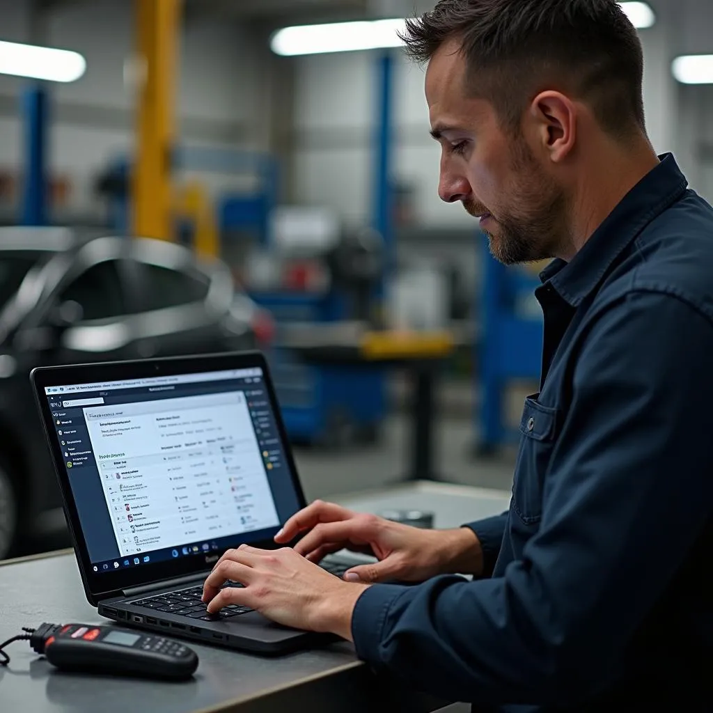 Mechanic researching bi-directional scan tools on a laptop