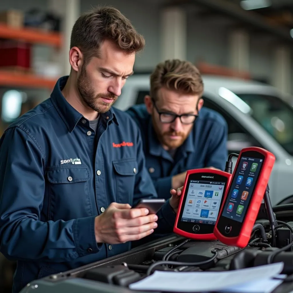 Mechanic comparing different diagnostic scan tools in a workshop