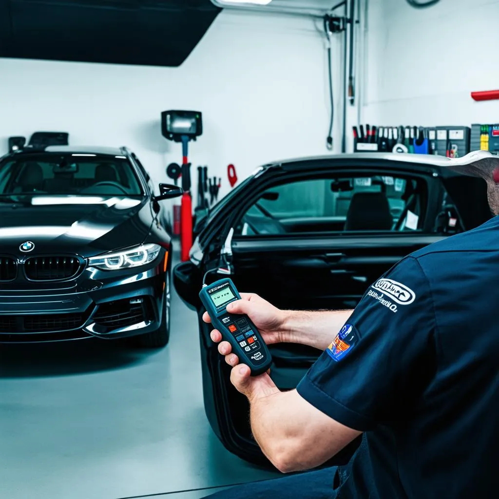 Mechanic Connecting Scan Tool to Car's OBD-II Port