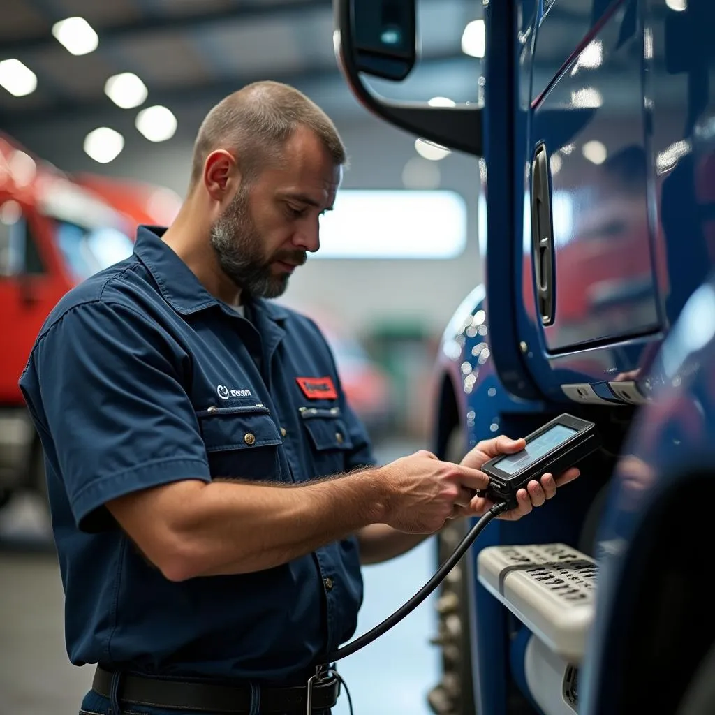 Mechanic Connecting Scan Tool to Truck's Diagnostic Port