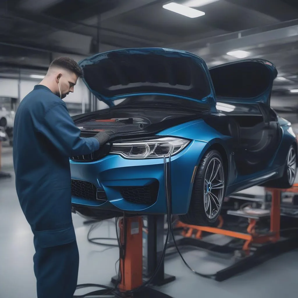 Mechanic connecting a diagnostic scanner to a BMW