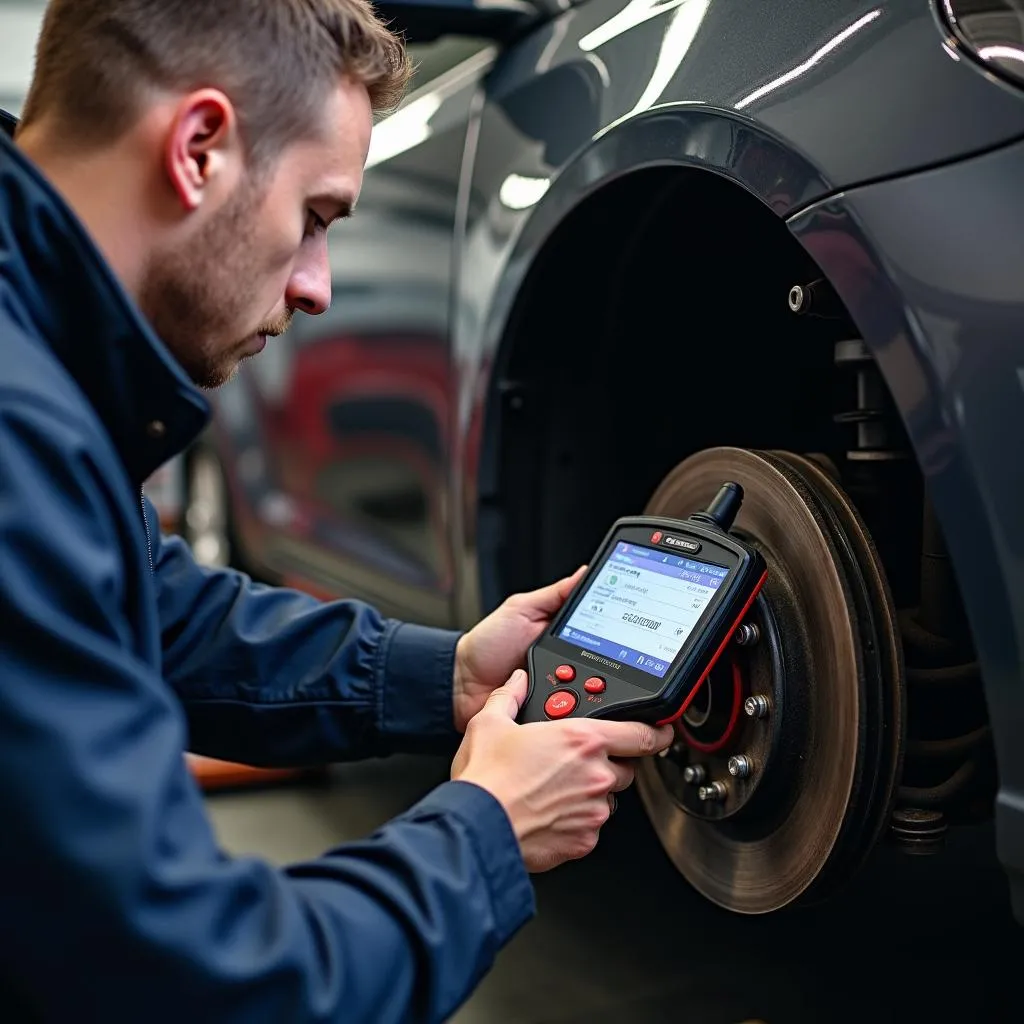 Mechanic diagnosing car problems with an ABS scan tool