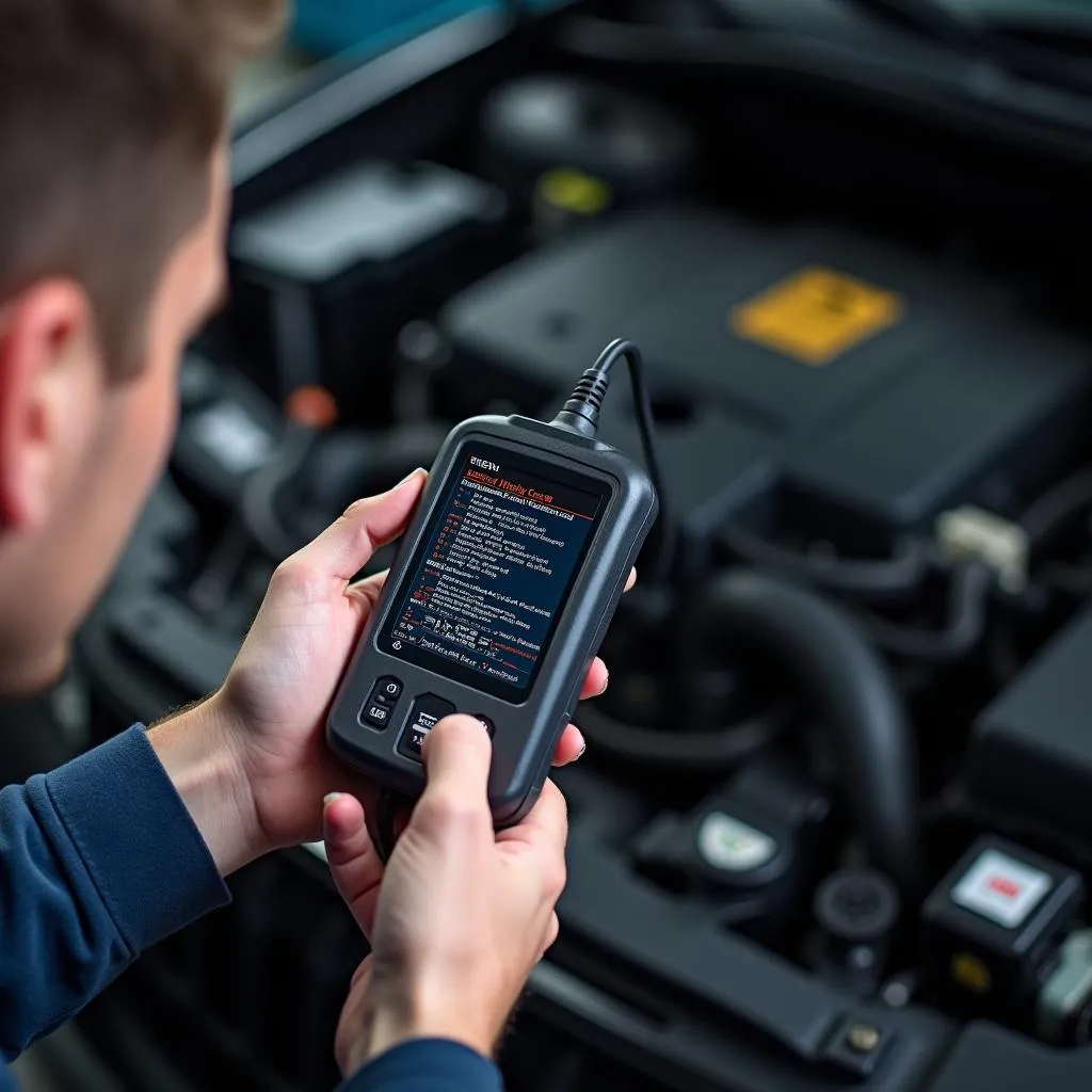 Mechanic Diagnosing Car Problem with Scanner