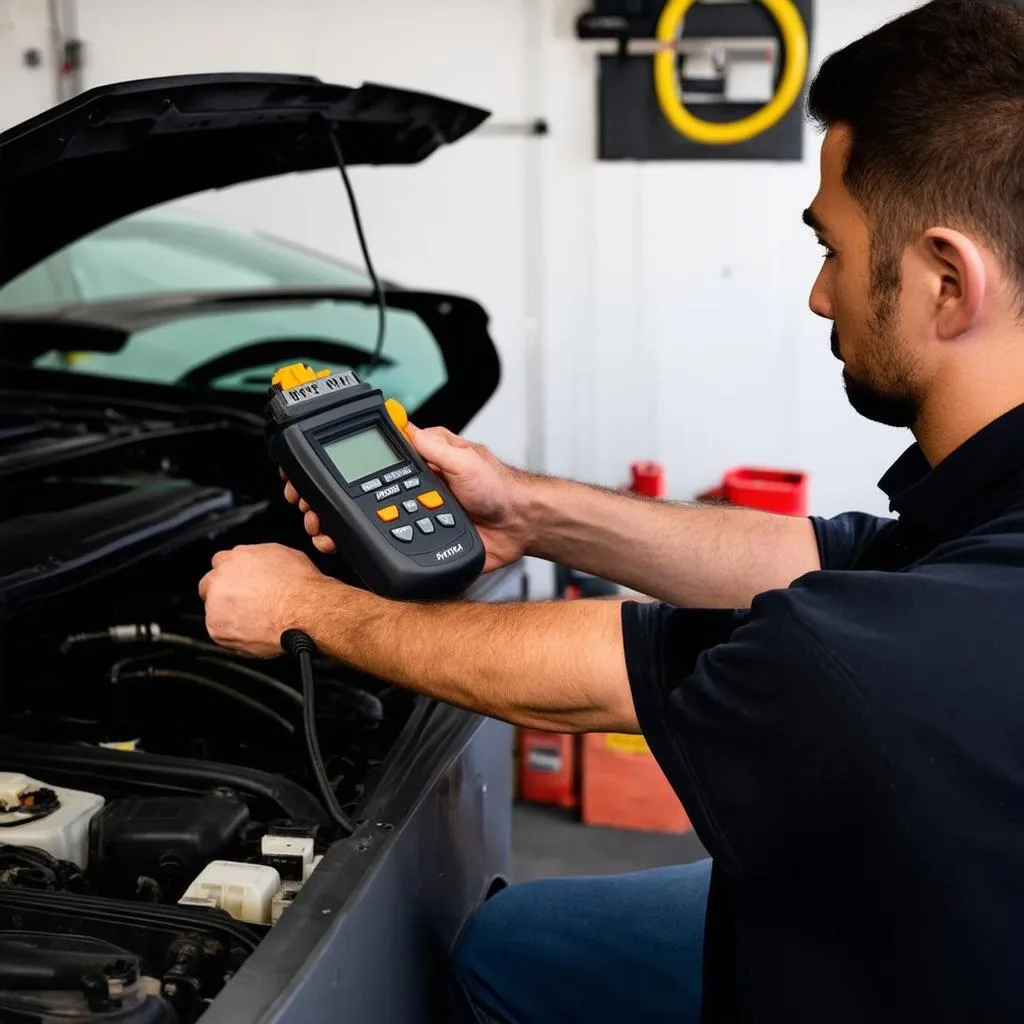 Mechanic Diagnosing Car Sensor Issue