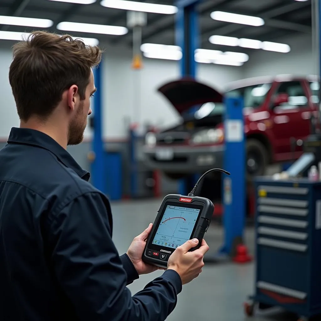 Mechanic Diagnosing Car With Matco Scan Tool