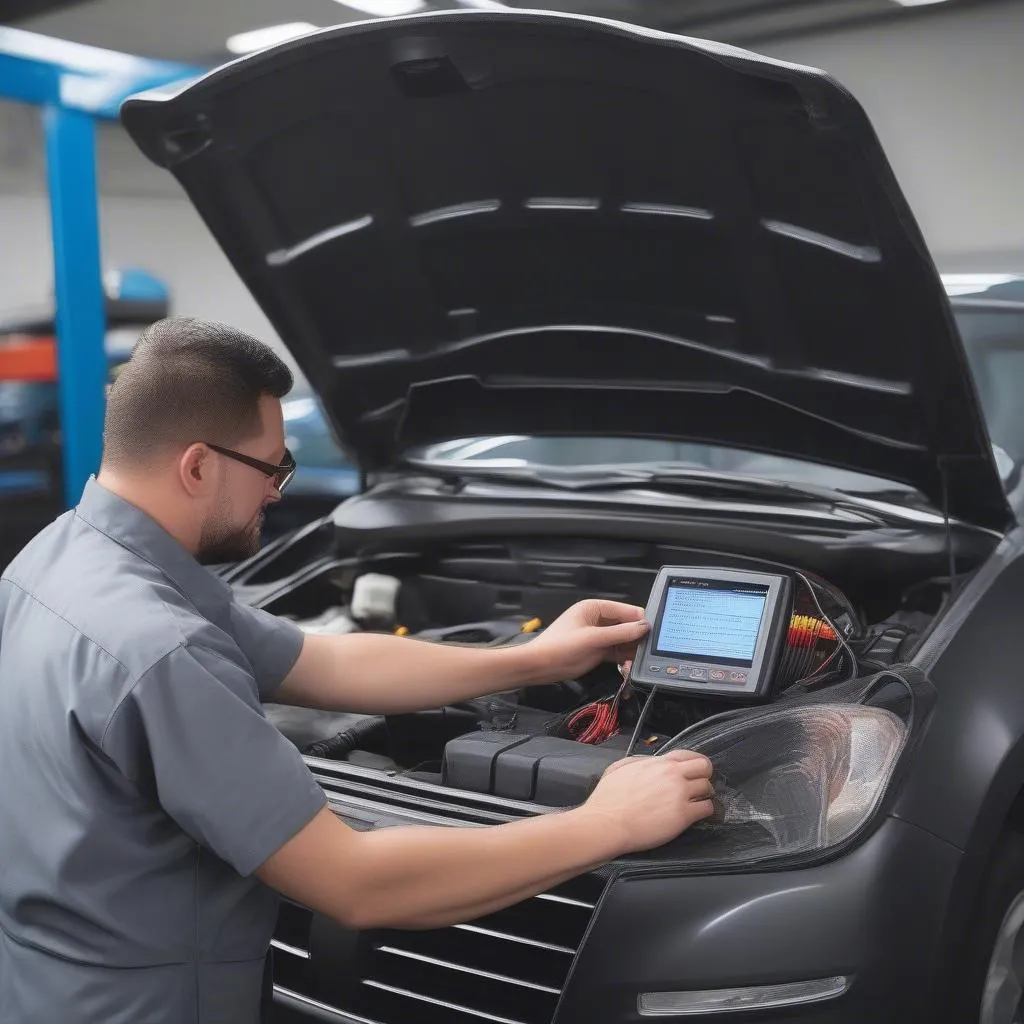 Mechanic using scanner to diagnose car problems