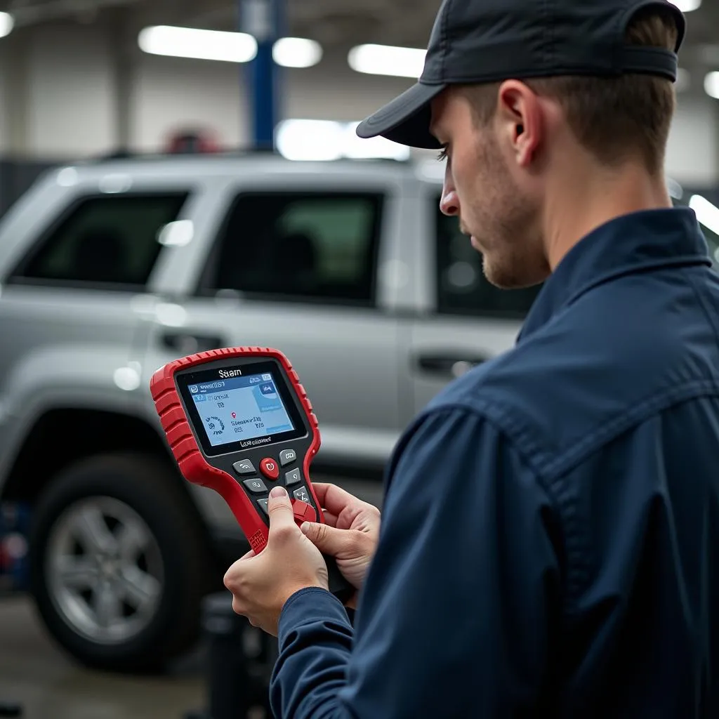 Professional Mechanic Using a Scan Tool on a Jeep Grand Cherokee