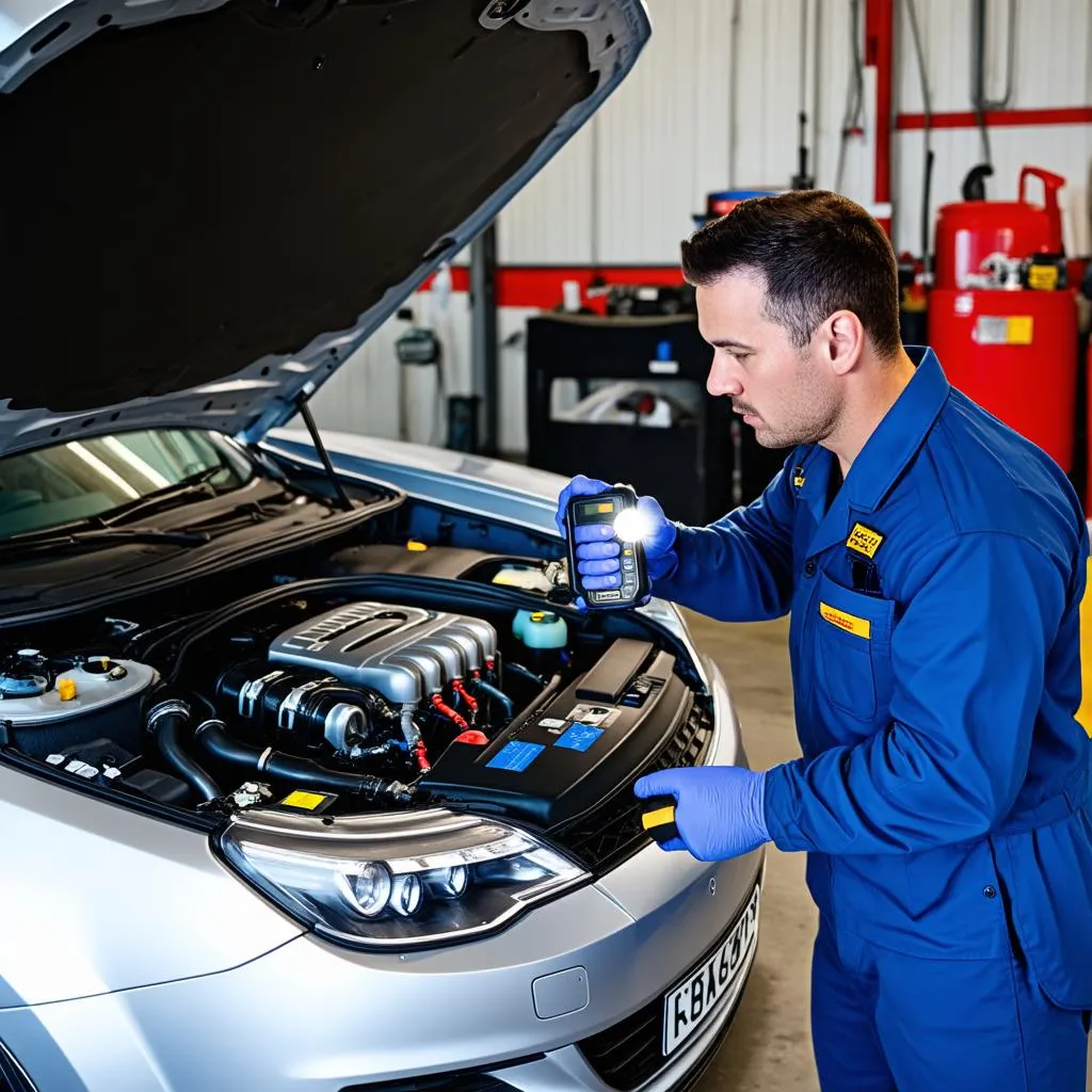 Mechanic inspecting engine for misfire