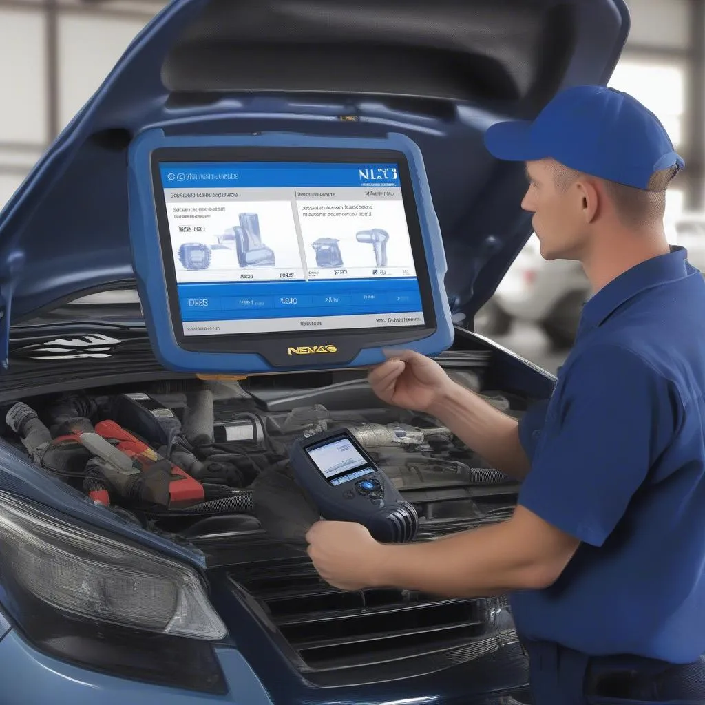 Mechanic diagnosing truck engine problems with NEXAS NL102 Plus scan tool.