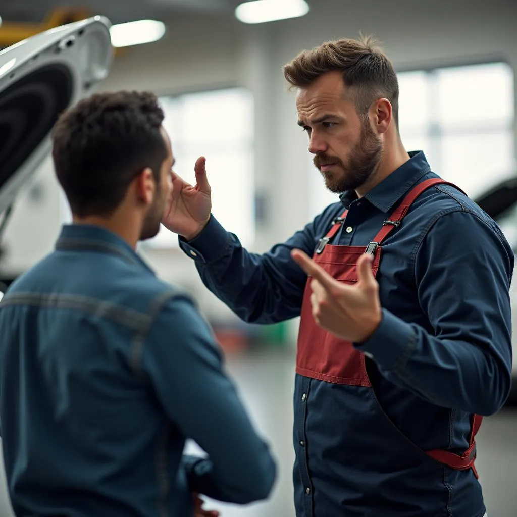 Mechanic making a dismissive gesture