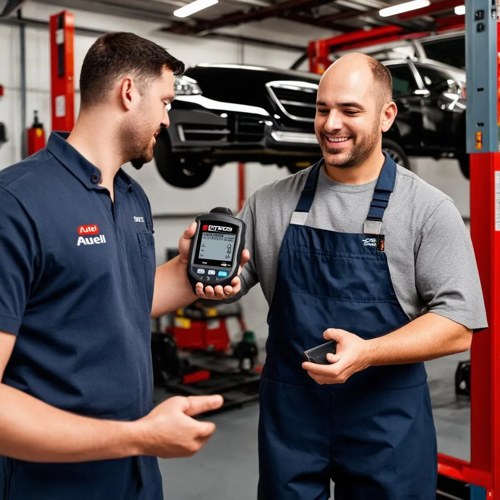 Mechanic explaining the Autel DS708 diagnostic results to a customer