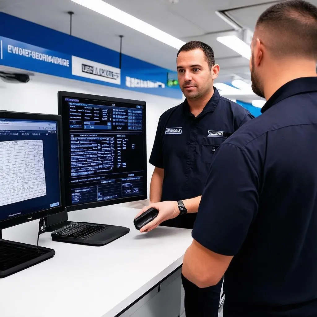 Mechanic Explaining Car Diagnostics to Customer