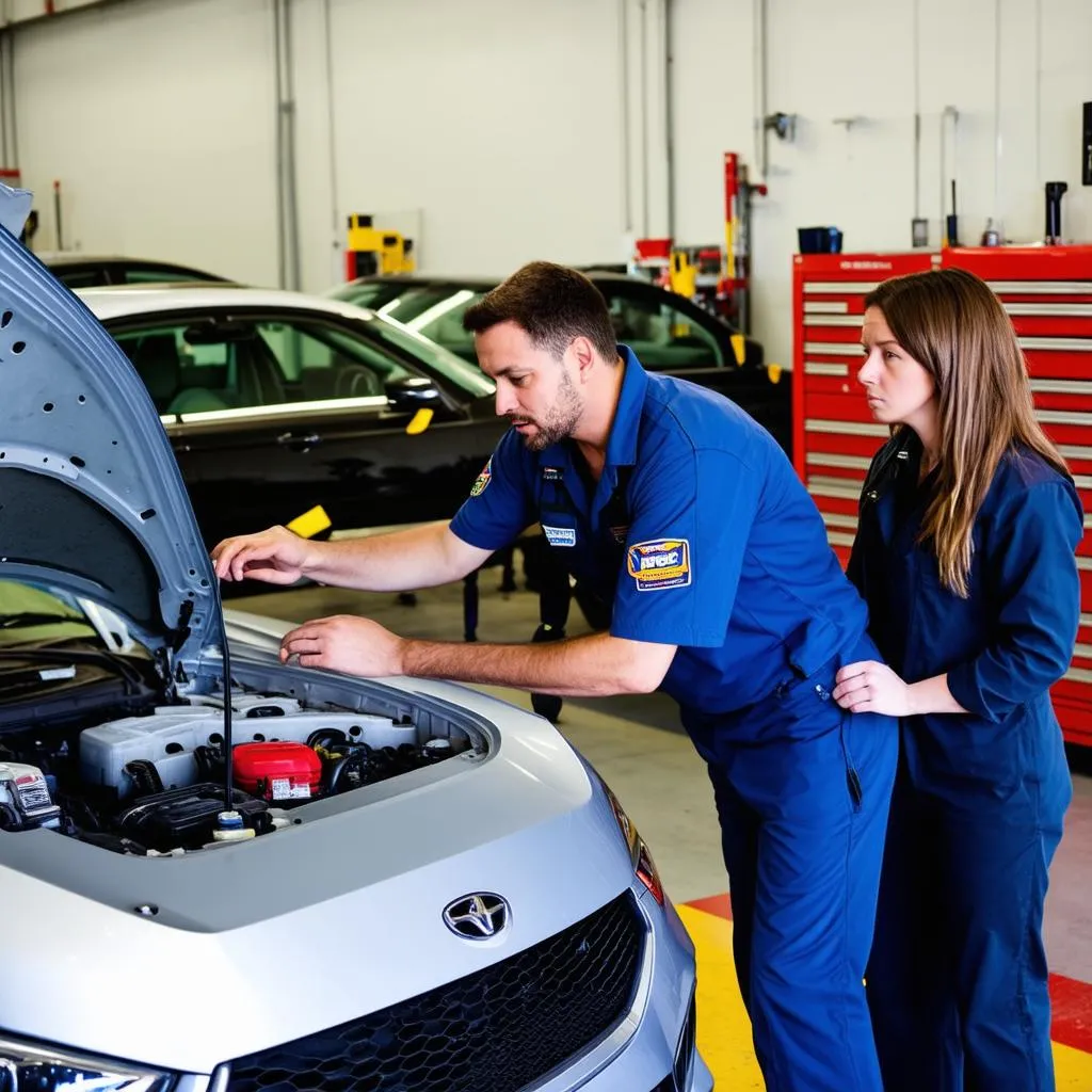 Mechanic explaining car issue to customer