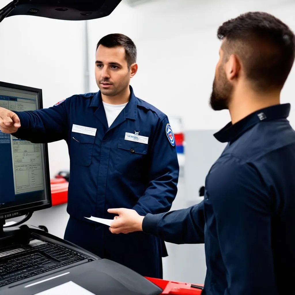 Mechanic Explaining Code to Customer