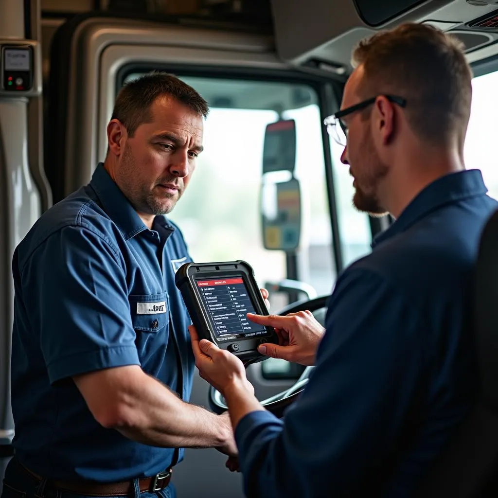 Mechanic Using a Scan Tool to Explain Diagnostic Codes to a Truck Driver