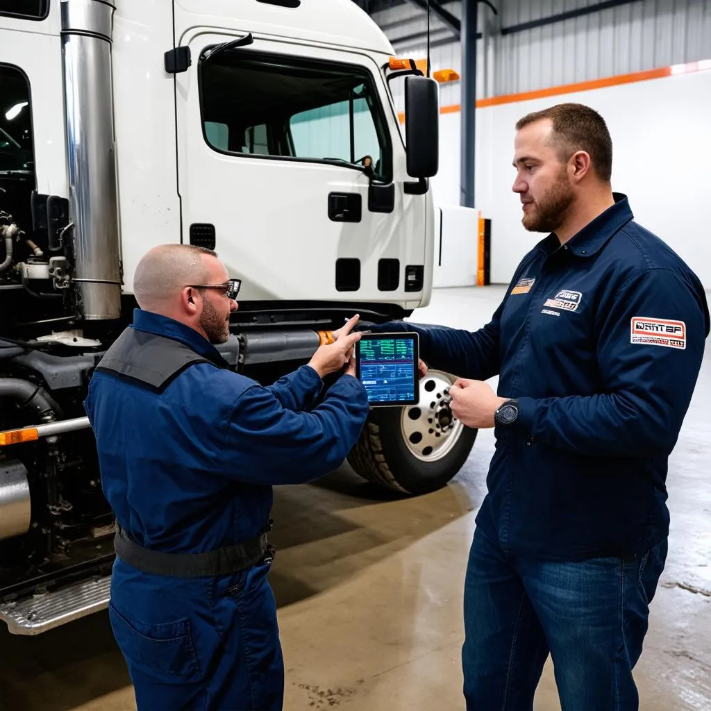 Mechanic explains diagnostic results to a truck driver using a tablet