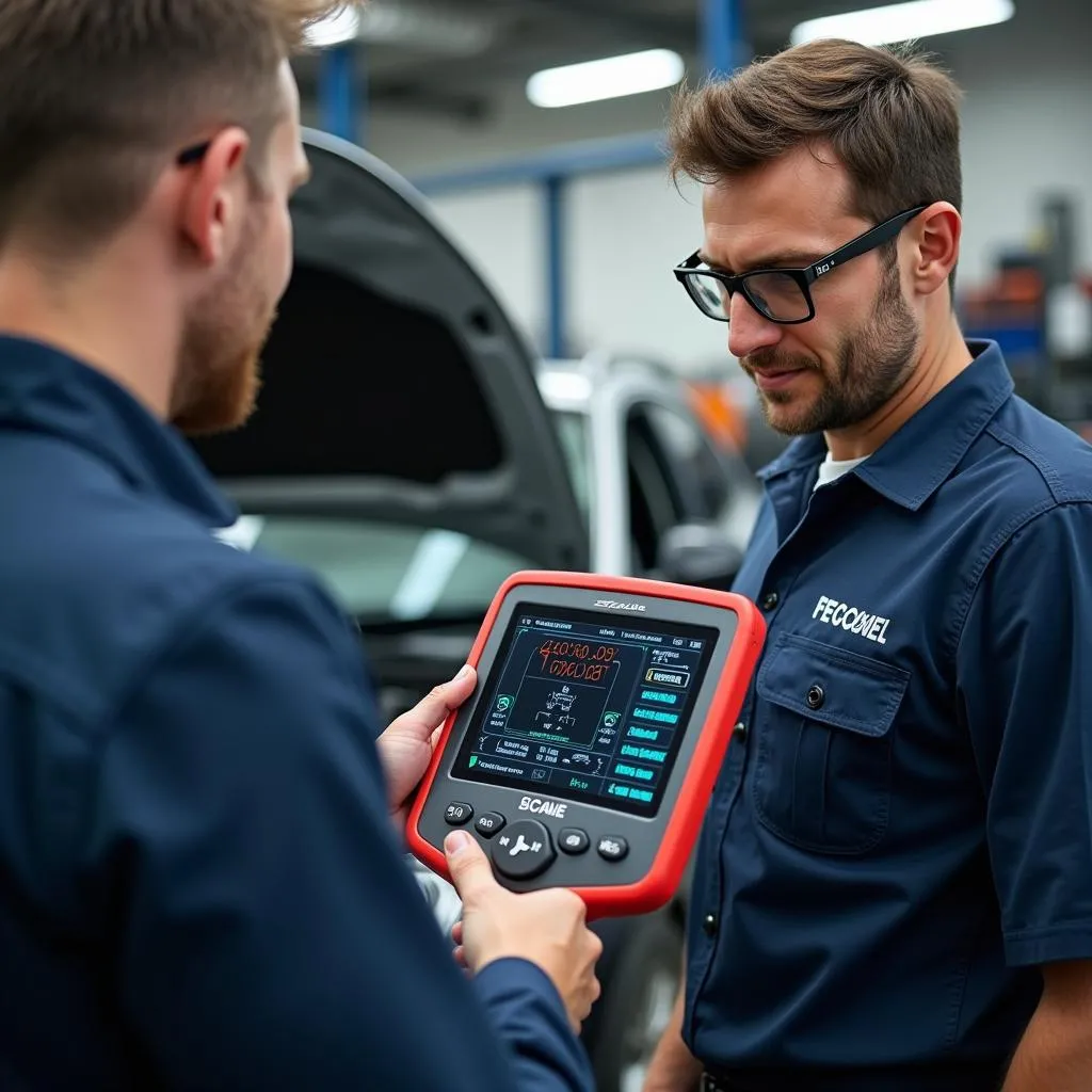 Mechanic explaining diagnostic scan tool results to a car owner