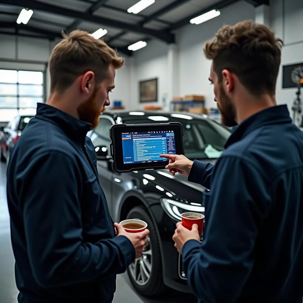 Mechanic explaining diagnostic results to car owner using a Nexus scanning tool