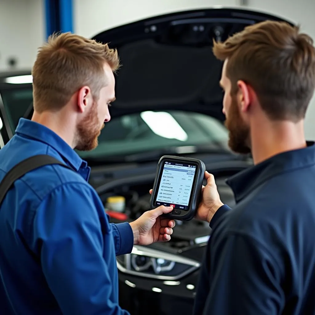 Mechanic discussing car diagnostics with a customer