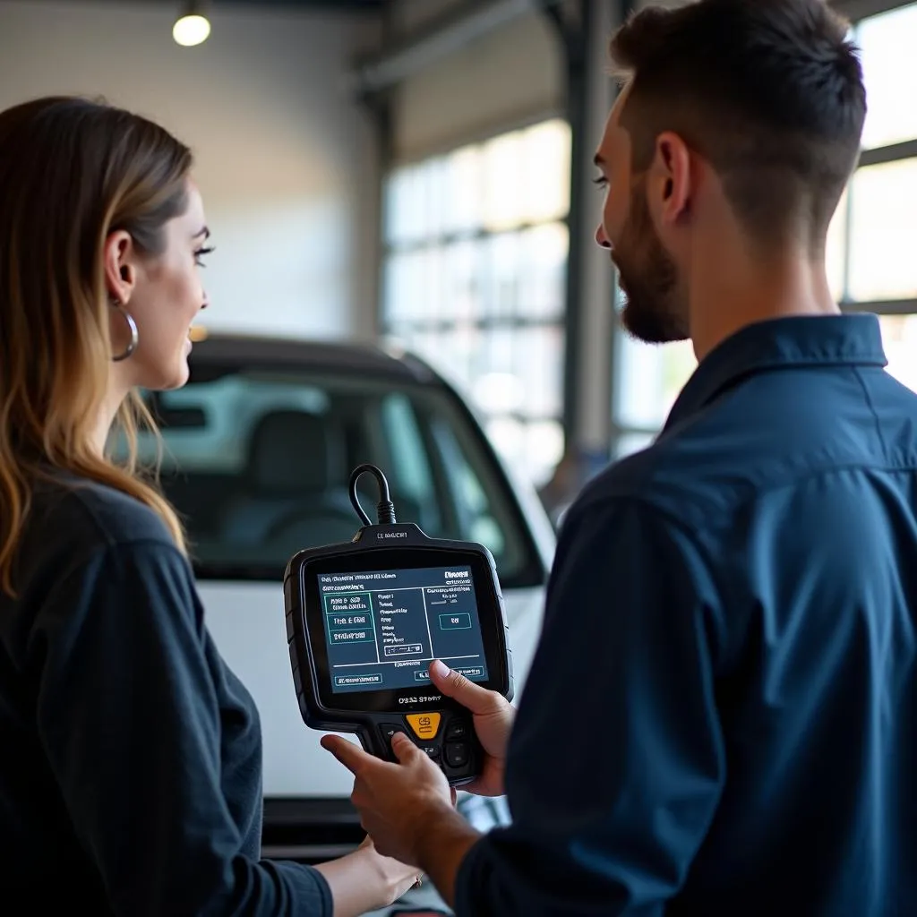 Mechanic explaining car diagnostics