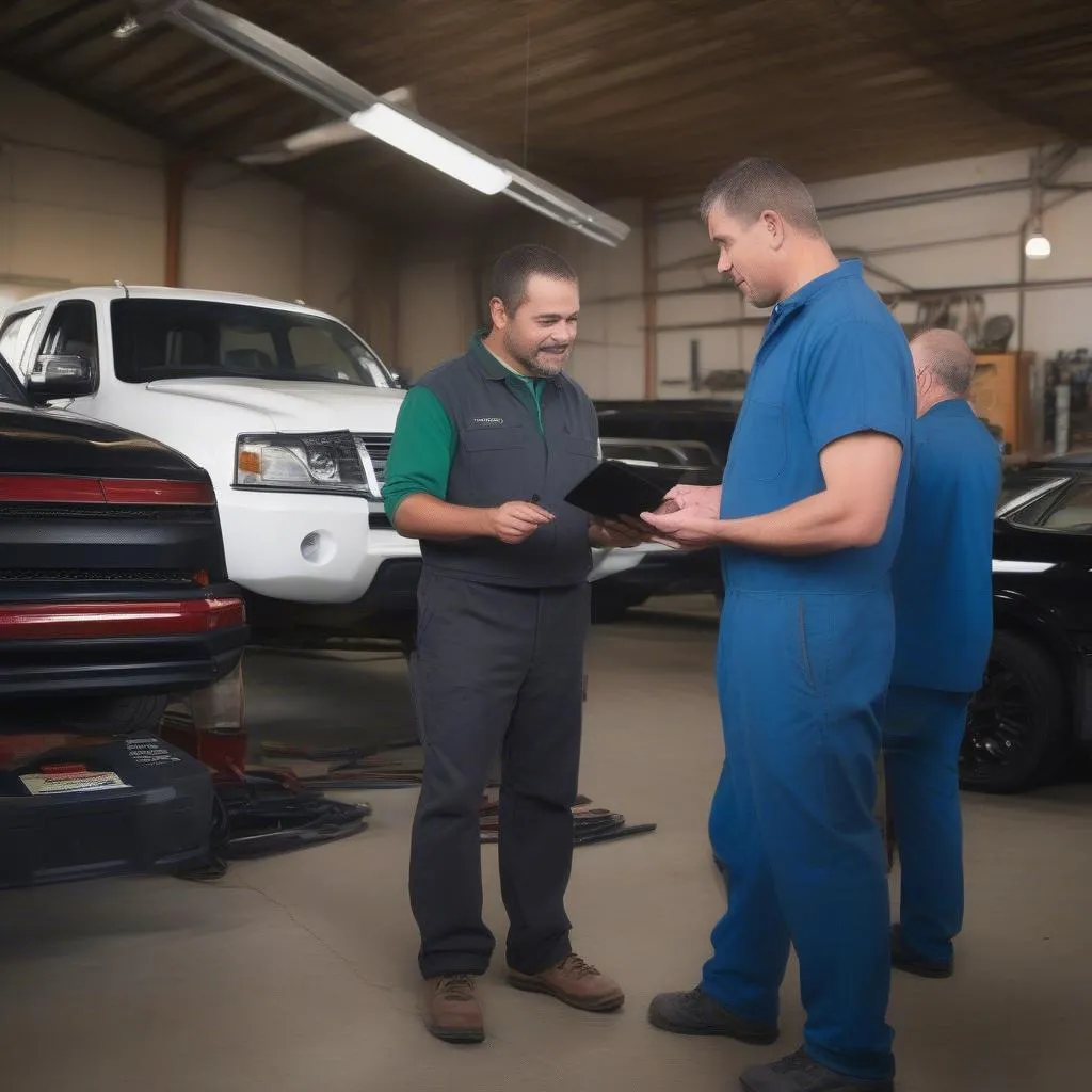 Mechanic explaining diagnostics to a car owner.