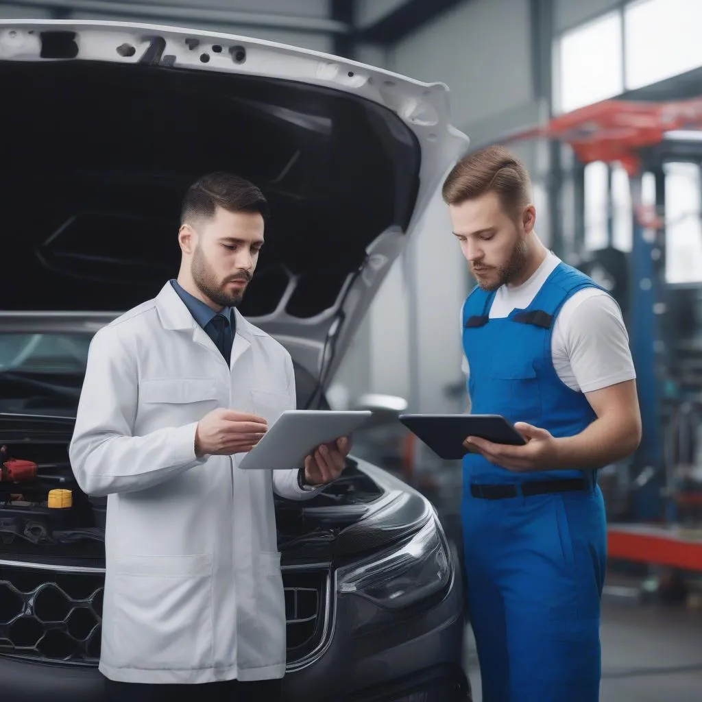 A mechanic is explaining the diagnostic results to a car owner using a tablet