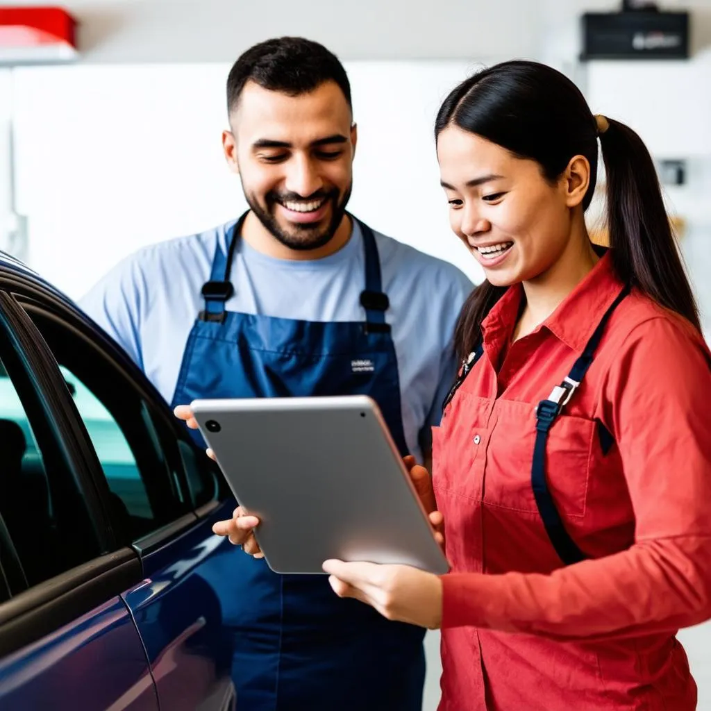 Mechanic shows a car owner diagnostics results on a tablet.