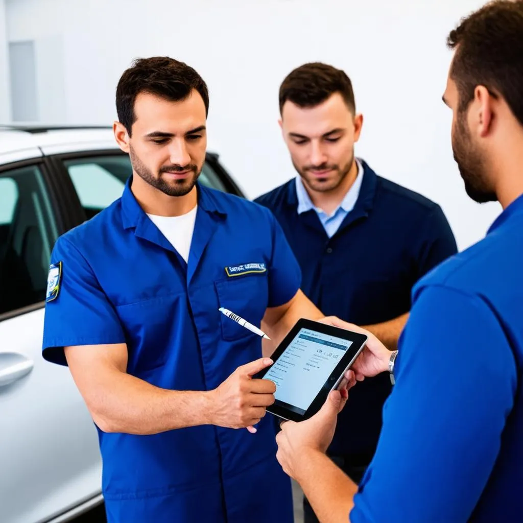 Mechanic showing diagnostic results to a customer on a tablet