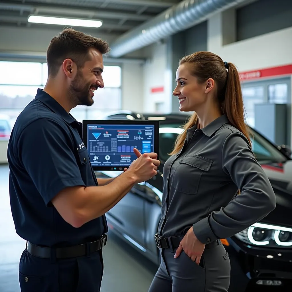 Mechanic explaining diagnostics results to customer