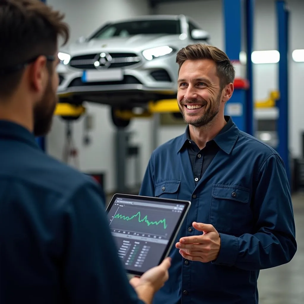 Mechanic discussing diagnostic results with a customer