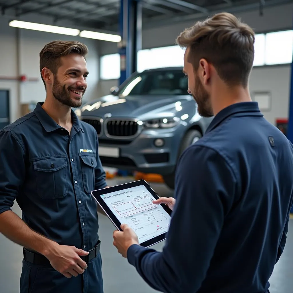 Mechanic Explaining Diagnostics to Customer