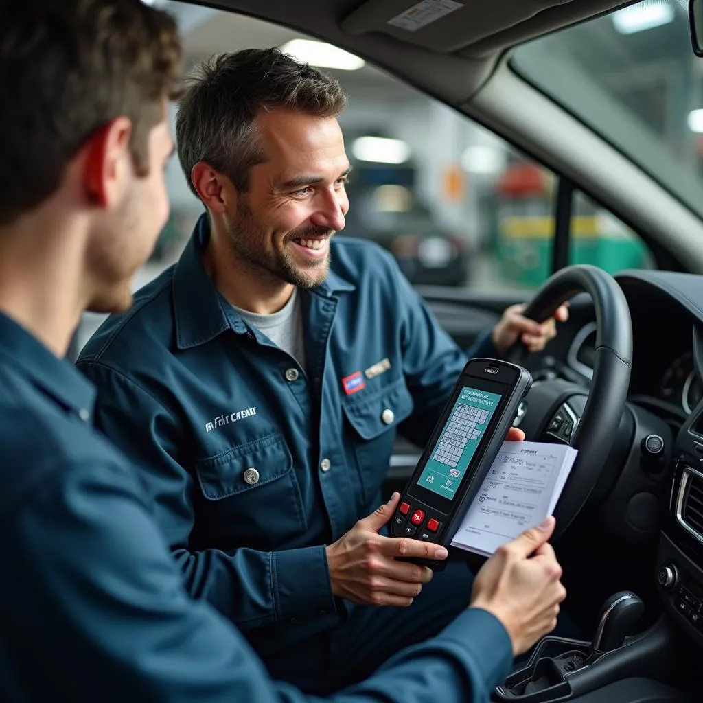 Mechanic discussing scan tool data with a customer