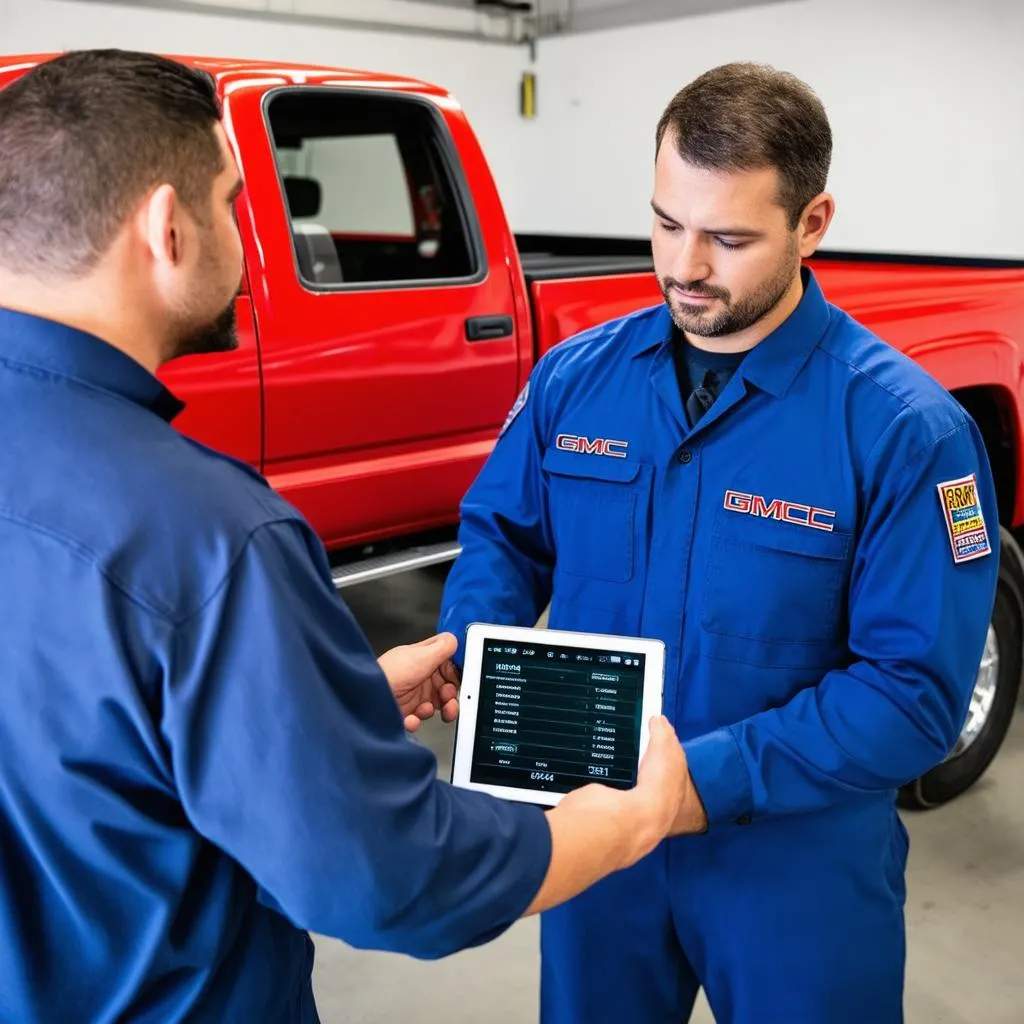 Mechanic explaining scan tool results to customer