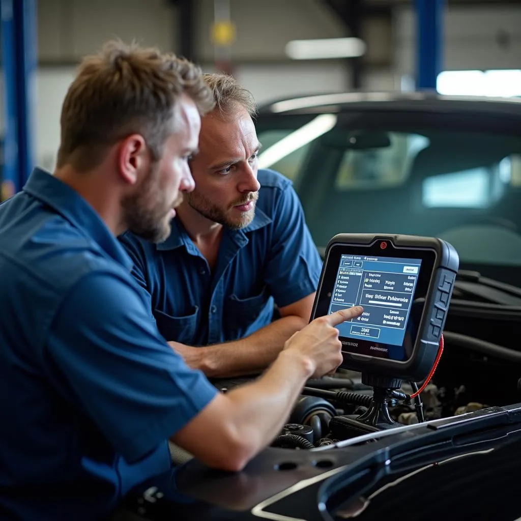 Mechanic discussing diagnostic findings with a car owner using a scan tool