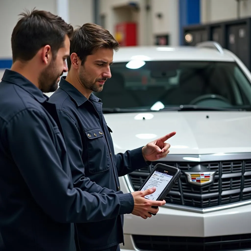 Mechanic discusses Tech 2 scan results with a customer