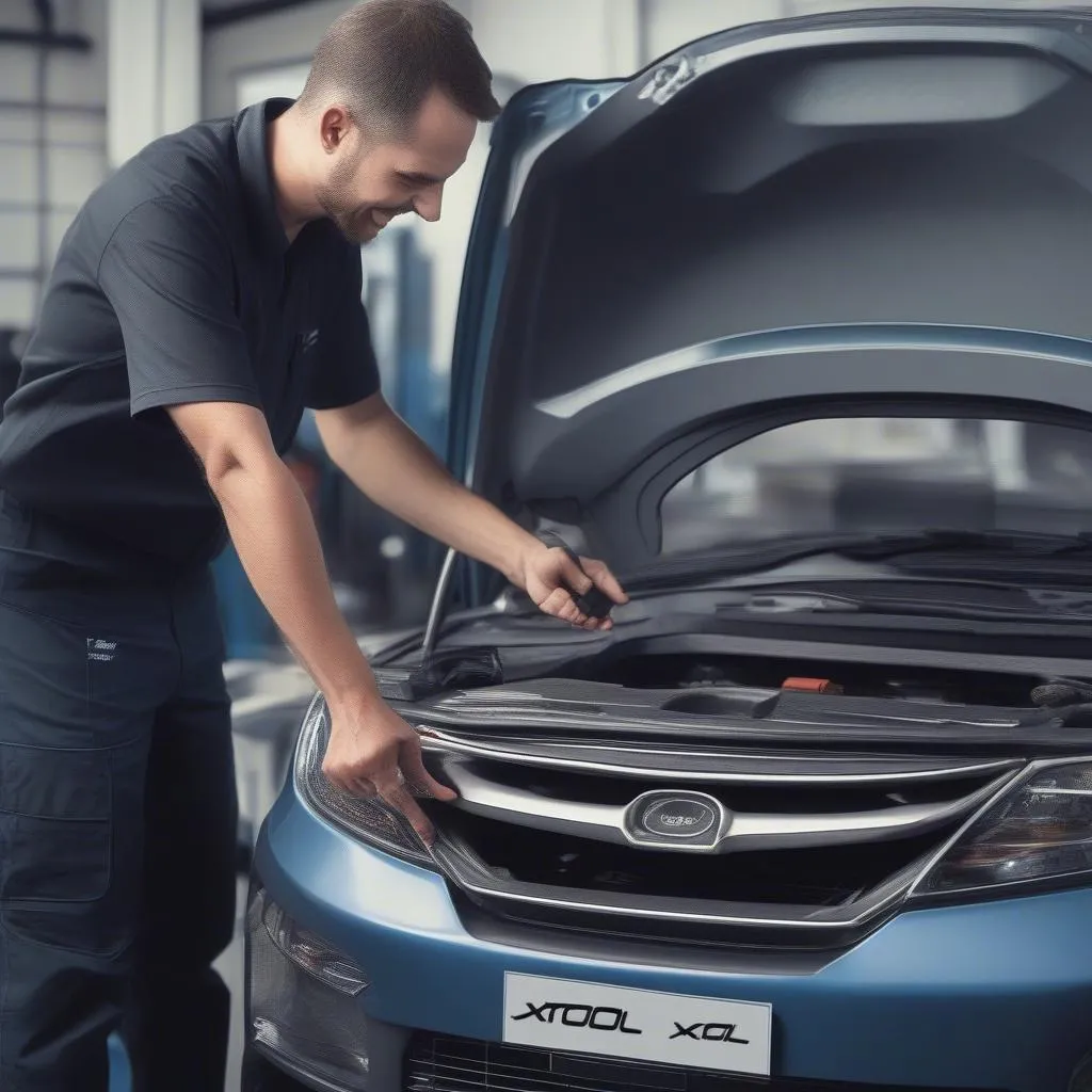 Mechanic showing a car owner how to use an Xtool scanner