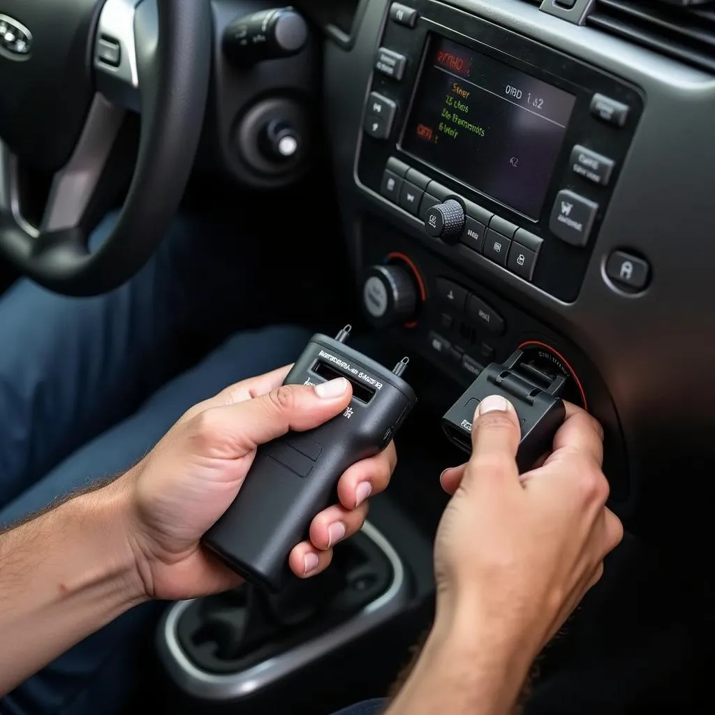 Mechanic connecting OBD2 scanner to a car's port